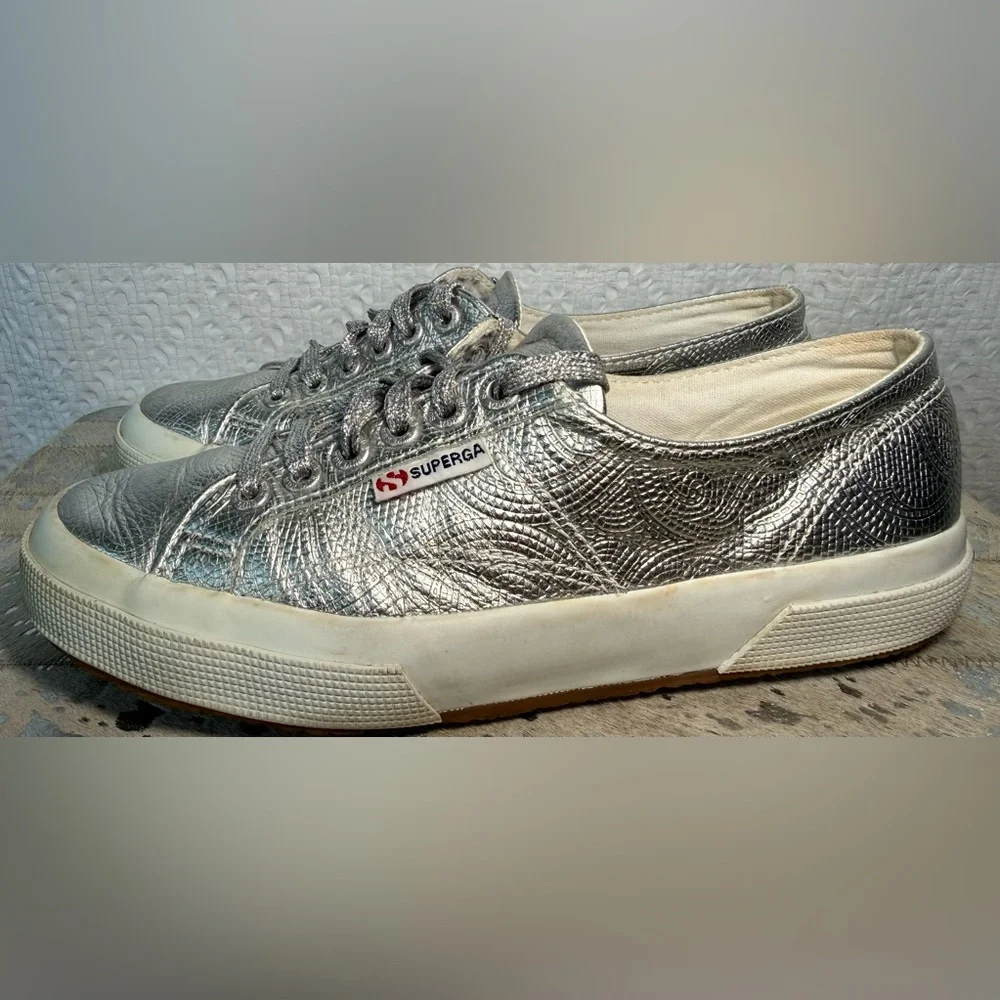Superga Silver Metallic Embossed Platform Sneakers EU 39 US 8.5